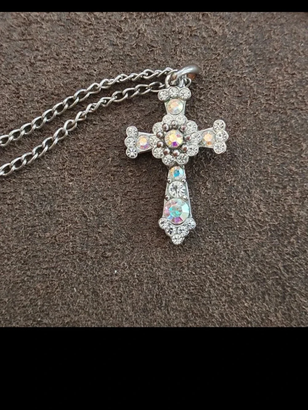 1990s Filigree With Aurora Borealis Rhinestones Silver Tone Cross Necklace